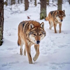 Obraz premium A full shot of a wolf pack traversing a snowy forest, with deep focus capturing the details of the wolves' fur and the snow-covered trees in their environment