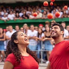 Obraz premium Low Angle Shot: A young Hispanic male and female throwing bright red tomatoes, laughing and enjoying the La Tomatina festival, with the background of the crowd softly blurred