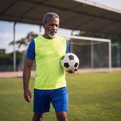 A close-up portrait of a greyhaired multiracial senior male, wearing a professional soccer uniform, focused and determined as he prepares to kick a soccer ball on the field. His confident stance and