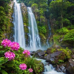 Obraz premium a captivating scene of a lush tropical rainforest with dense foliage and vibrant, exotic flowers. Include a cascading waterfall, mist rising from the jungle floor, and sunlight filtering through the