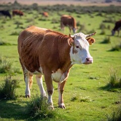 Fototapeta premium A long shot photo of a cow with a herd, rack focus from a high angle capturing the entire scene, with the focus gradually shifting to highlight the cow, creating a wider portrait of the group