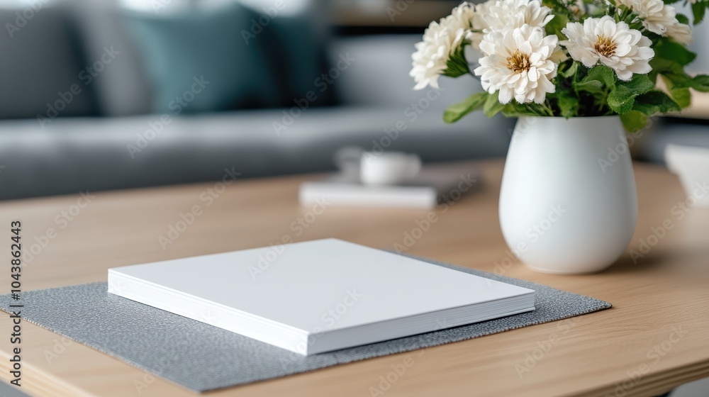 Poster a simple and minimalist image showcasing a blank book resting on a wooden table, complemented by ele
