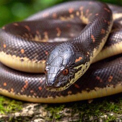 Obraz premium extreme macro shot of a snake coiled body, with a single scale in sharp focus, while the surrounding coils and the background gradually fade into a soft blur, emphasizing the snake's intricate form