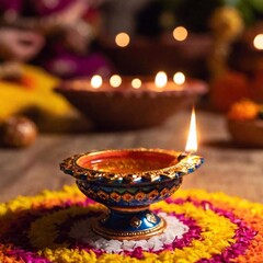 Design an establishing shot of a Diwali prayer gathering, captured from ground level. Use rack focus to move from the close-up details of the prayer thali to the group performing rituals in the