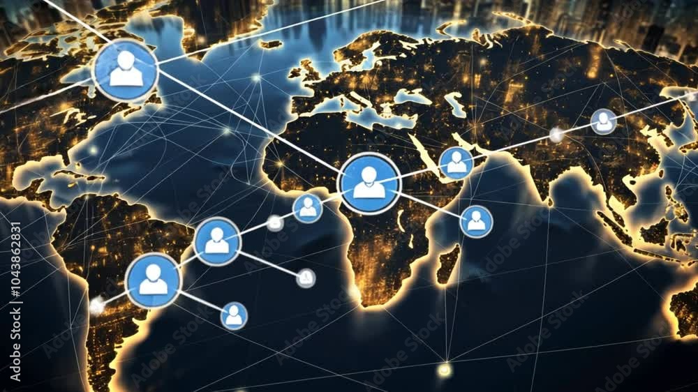 Aufkleber Global Connections: A stylized world map illuminated with glowing city lights and interconnected by lines representing the flow of information and global communication.  