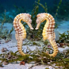 A long shot of a pair of seahorses nestled in a bed of seagrass on the seabed, with focus pull transitioning from a close-up view of the seahorses to the broader seagrass environment and its