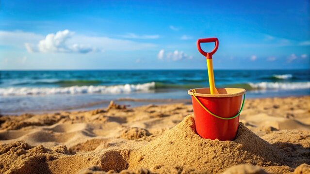 Sandcastle with bucket and shovel on beach