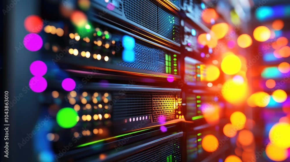 Poster server room rendering in data center with colorful lights
