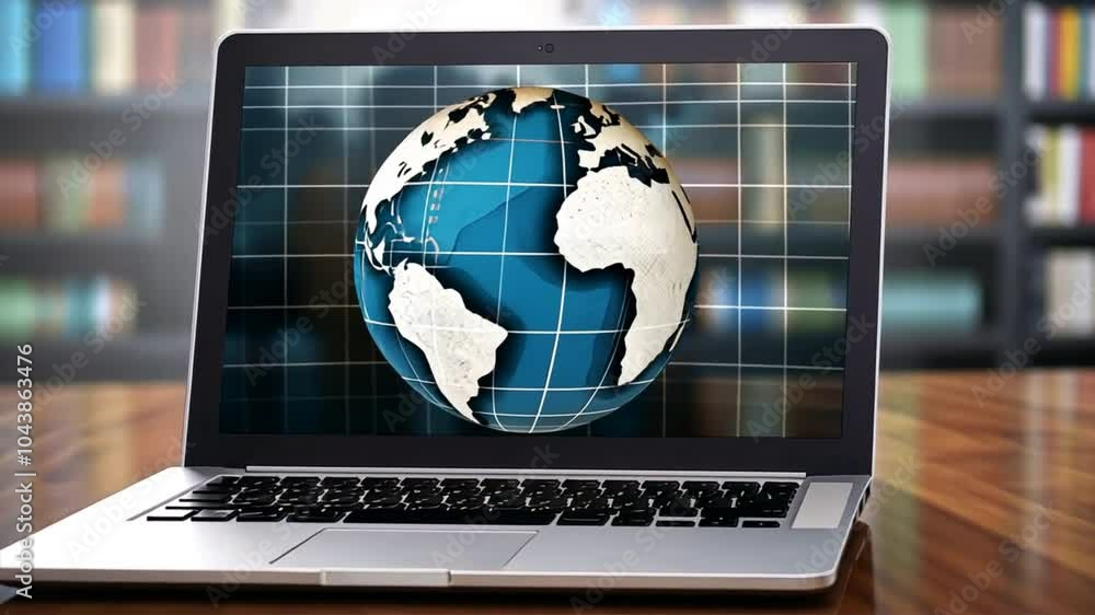 Poster global connectivity: laptop displaying a world map on a wooden desk