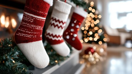 Three artfully patterned Christmas socks are draped on a mantel, adorned by vibrant twinkling lights, capturing the festive and joyful holiday spirit.