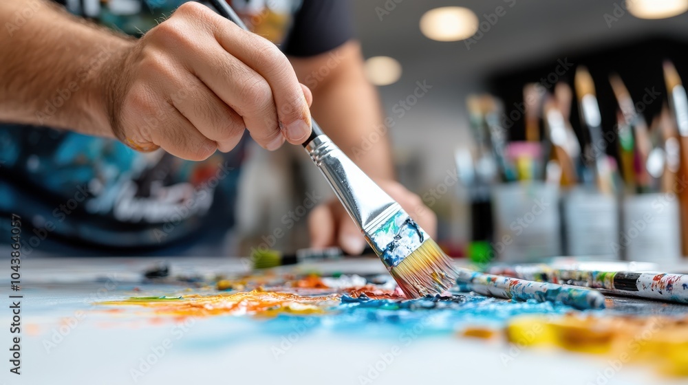 Poster a close-up of a hand using a brush to manipulate vibrant paint on a canvas, embodying the tactile ex