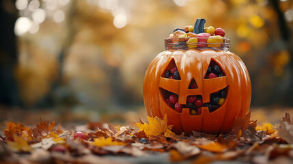 festive pumpkin jar filled with colorful candies surrounded by autumn leaves