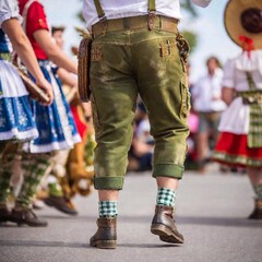 Extreme macro shot of a traditional Bavarian folk music man on stage, with a rack focus transitioning to the vibrant patterns of the musicians lederhosen and dirndls. The crowd in the background is