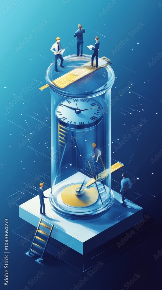 Poster time management: a team of miniature businesspeople collaborate on a giant clock inside a glass cyli