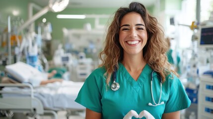 A cheerful nurse wearing green scrubs and a stethoscope, smiling warmly while standing in a bustling hospital ward, reflects dedication and compassion in healthcare settings.