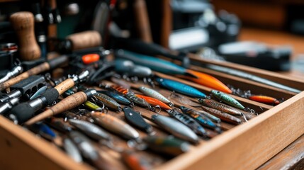 Naklejka premium A neatly organized tackle box filled with a variety of colorful fishing lures, showcasing different styles and materials, perfect for avid fishing enthusiasts.