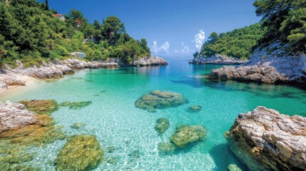Obraz premium A serene cove with clear turquoise water, surrounded by lush greenery and rocky cliffs under a blue sky.