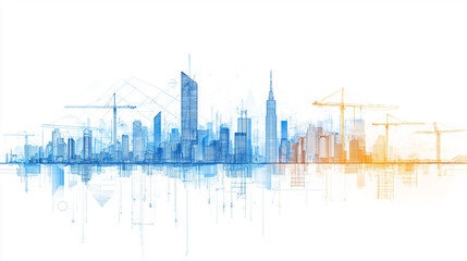 Fototapeta premium A blueprint of a city skyline under construction, with multiple cranes and buildings in various stages of completion