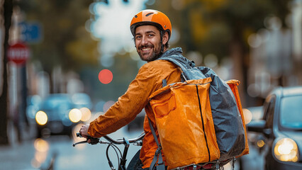 A portrait of a delivery guy on a bicycle with a large delivery bag