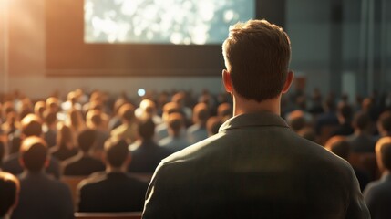 Male speaker giving presentation in hall at university workshop. Audience or conference hall. Rear view of unrecognized participants in audience. Scientific conference event, training. Education