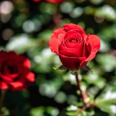 Fototapeta premium Close-up shot of a red roses with soft light illuminating its petals, with the light and shadows in sharp focus and the background softly blurred, highlighting the rose's dramatic beauty