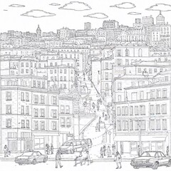 Obraz premium A coloring page of a cheerful cartoon cityscape with tall buildings, cars, and people walking on the streets, filled with patterns and shapes to color in