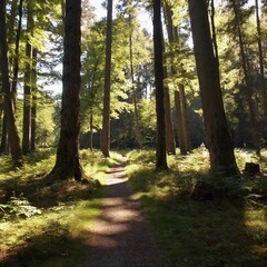 Obraz premium A full shot of a tranquil forest clearing with sunlight streaming through the trees, casting long shadows on the forest floor. The hip-level perspective emphasizes the height of the trees, creating a