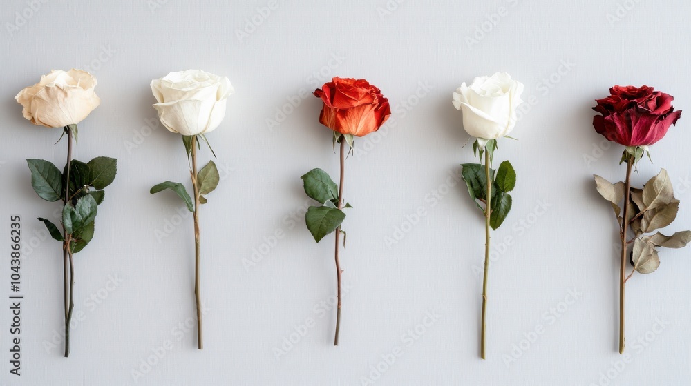 Poster five elegant roses of varying shades subtly displayed in an ordered row, creating a serene compositi