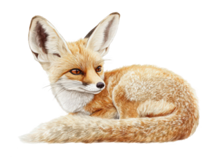 Illustration of a curled-up fennec fox with large ears and a fluffy tail.