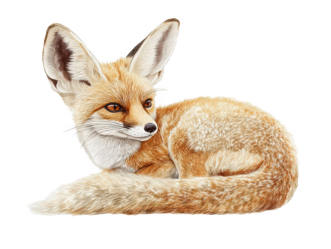 Illustration of a curled-up fennec fox with large ears and a fluffy tail.
