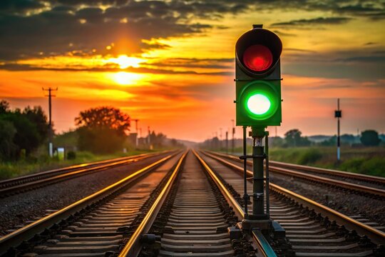 Railway signal changing for approaching train silhouette
