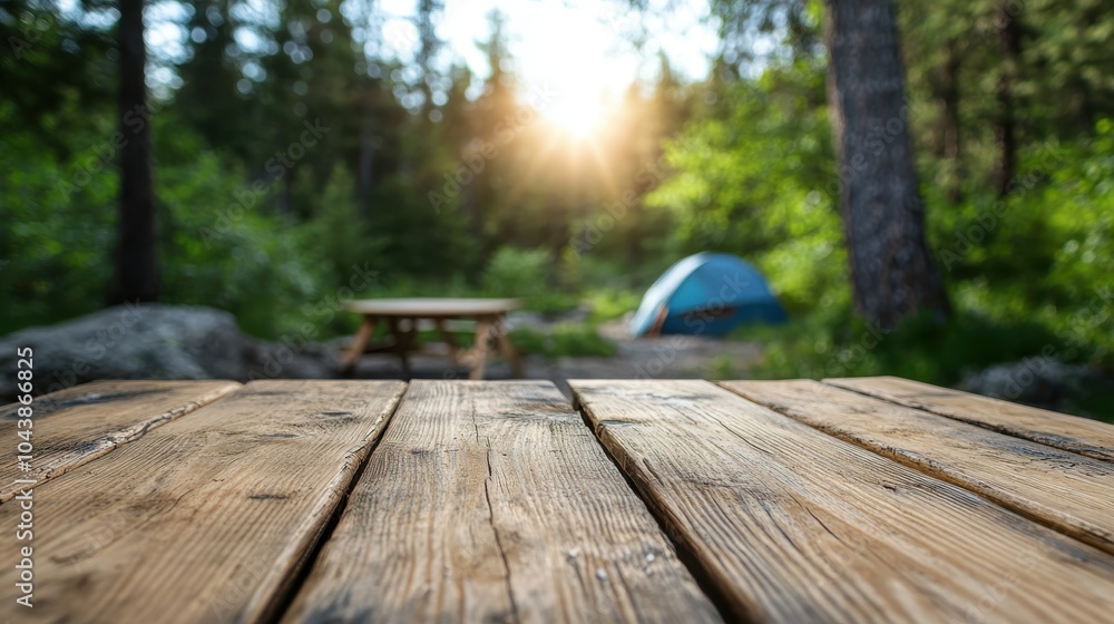 Poster an empty wooden table in a sunlit forest with a tent visible in the distance, evoking a serene and r