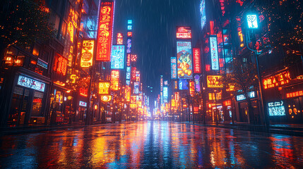 Fototapeta premium A rain-soaked city street glows under vibrant neon signs in red, blue, and yellow, reflecting on the wet pavement as rain falls