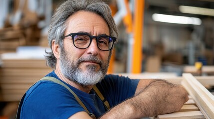 A middle-aged man with glasses and a beard leans casually against a wooden frame in a cluttered workshop, embodying experience and adeptness in carpentry.