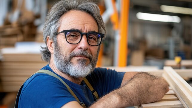 A middle-aged man with glasses and a beard leans casually against a wooden frame in a cluttered workshop, embodying experience and adeptness in carpentry.
