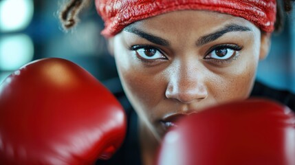 A strong female boxer wearing red gloves gazes intently at her opponent, embodying the spirit and perseverance needed in competitive sports and personal battles. - Powered by Adobe