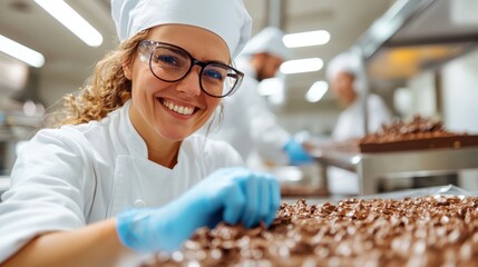 A chef with glasses happily crafts chocolate treats in a busy kitchen, highlighting passion, expertise, and creativity within the bustling world of culinary arts.