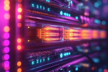 Fototapeta premium Futuristic Server Rack with Neon Lights and Glowing Cables