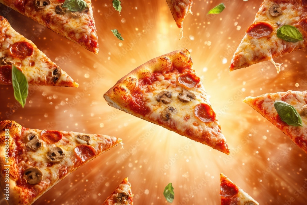 Poster Delicious pizza slices soar through a colorful background, adding energy and appeal, perfect for culinary marketing and events. Generative AI