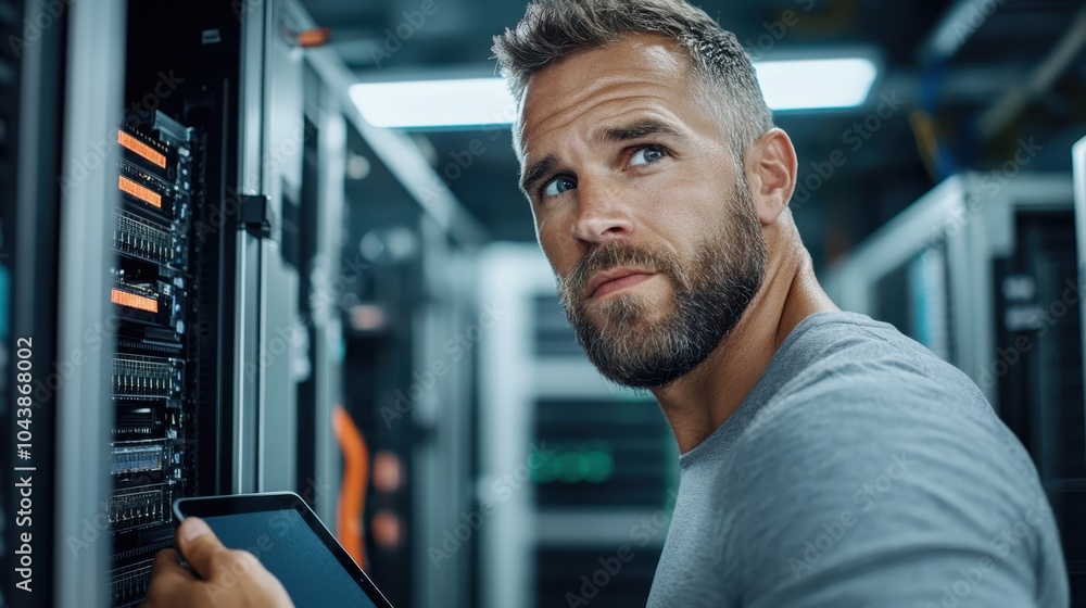 Aufkleber a man stands in a server room operating equipment, illustrating the role of modern technology in dat