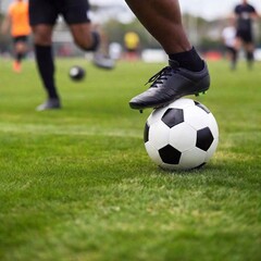 Obraz premium Close-up of a multiracial male soccer player's foot as it taps the ball, with deep focus revealing the entire field and opposing players in sharp detail. The eye-level perspective brings a realistic