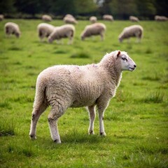 A flock of sheep grazing in a meadow, with shallow focus highlighting the front few sheep while the rest of the flock softly fades into the background