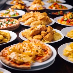 an extreme long shot of a colorful junk food buffet. Capture the extensive array of items including pizza, fried chicken, nachos, and candy, with a wide view showcasing the variety and abundance of