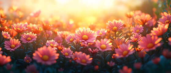 Beautiful Pink Flowers Blooming in the Sunset Light