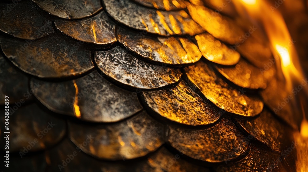 Poster Close-up of a golden metallic surface with overlapping scales, illuminated with warm light, creating a textured background.