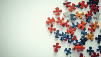 Puzzle pieces connecting, symbolizing problem resolution and collaboration, white minimalistic background, space for text