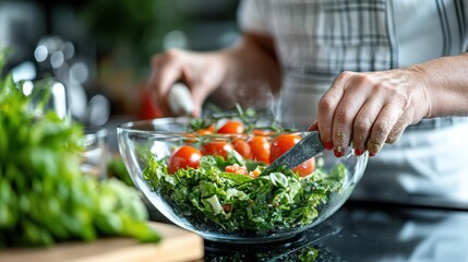 A close-up view of hands skillfully preparing a fresh salad in a glass bowl with cherry tomatoes and mixed greens, emphasizing the freshness and healthy living theme.
