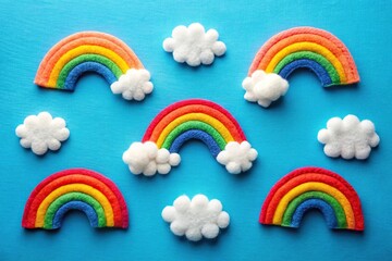 Rainbow and clouds felt crafts on blue background Panoramic