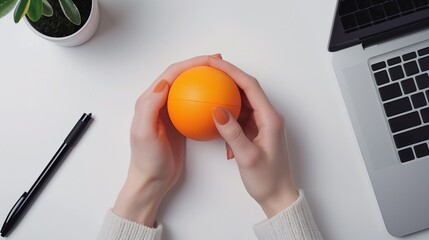 Female hands holding orange stress ball at organized work desk. Laptop, pen, flowerpot. Stress relief in professional workspace template advertising image. Mock up product photorealistic