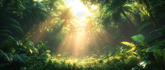 Obraz premium Sunbeams Shining Through Lush Tropical Rainforest Canopy